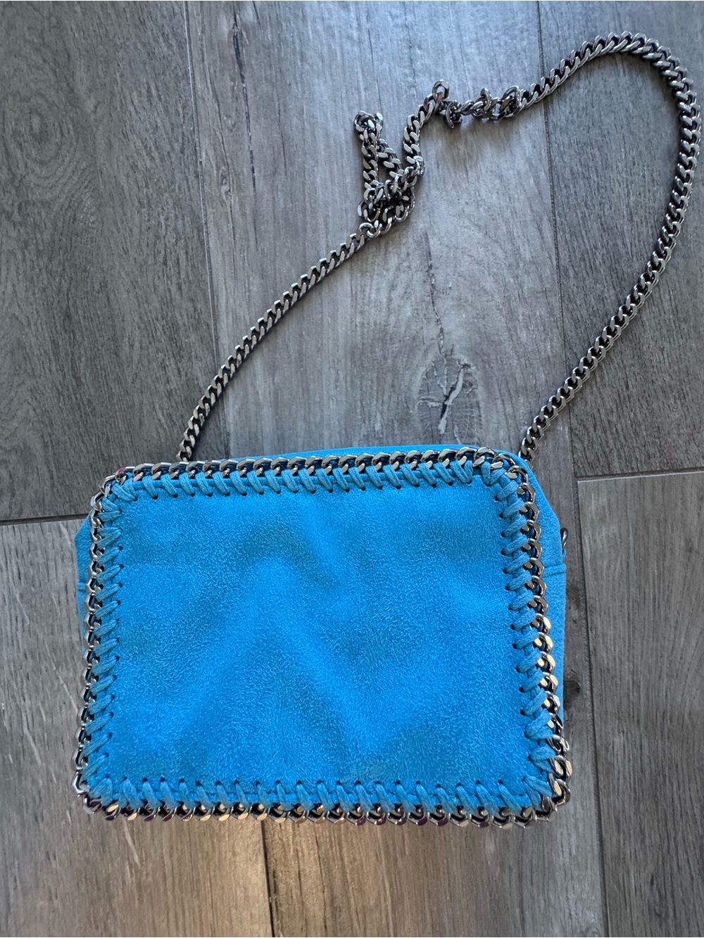 MINI blue bag Chain-Trim Suede Square Crossbody Bag Purse like new - Picture 7 of 13